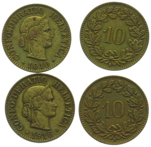 10 Rappen 1918 + 1919 Messing, 2 Münzen